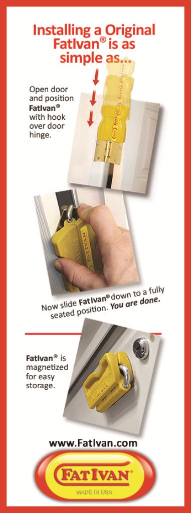 Fat Ivan door stopper installation guide with images showing its use and storage features. Multiple finishes available.