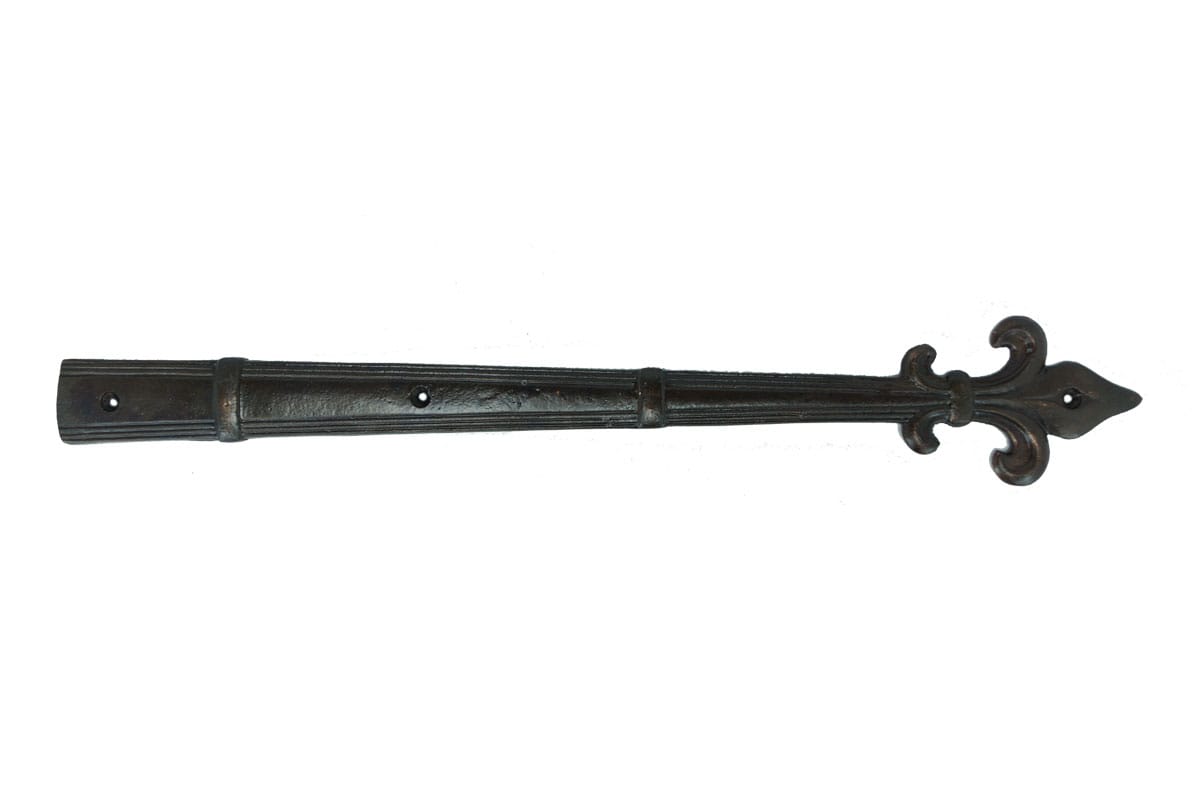 Faux strap hinge for shutters with fleur-de-lis tip, 17-1/2 inches, cast aluminum, available in multiple finishes.