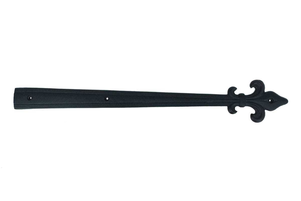 Faux strap hinge for shutters with fleur-de-lis tip, 17-1/2 inches, cast aluminum, available in multiple finishes.