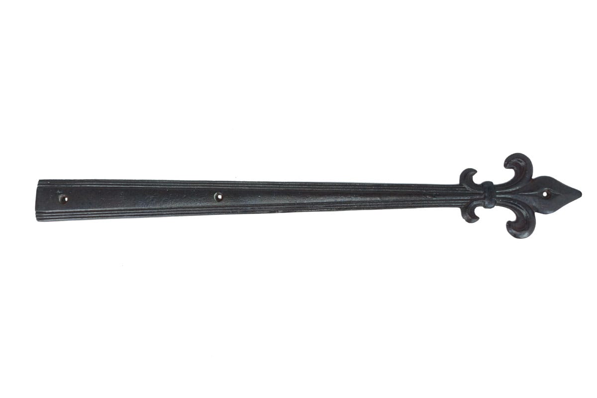 Faux strap hinge for shutters, 17-1/2 inches, cast aluminum with fleur-de-lis tip, available in multiple finishes.