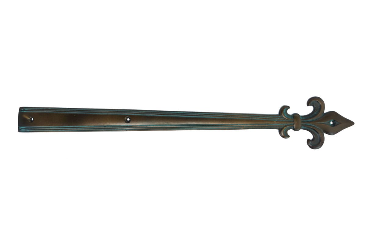 Faux strap hinge for shutters featuring a fleur-de-lis tip, 17-1/2 inches, cast aluminum, available in multiple finishes.