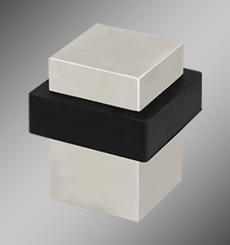 Stainless steel floor mounted door stop with square design and 1 9/16” projection, sold individually.