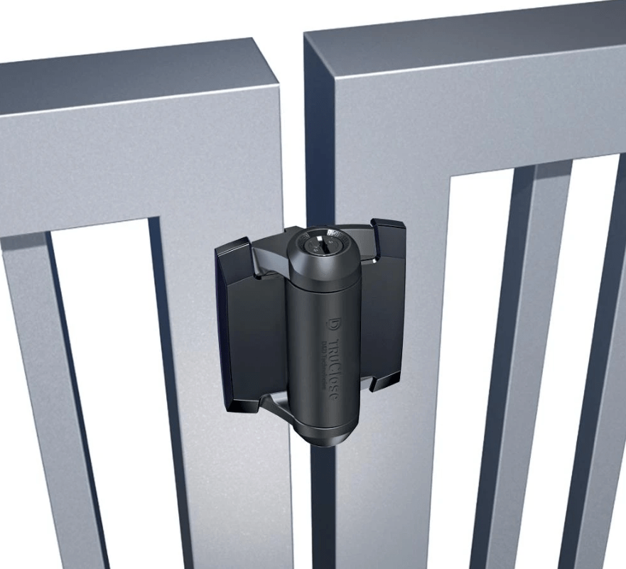 Adjustable rust-proof gate spring hinge for metal gates, designed for gaps of 11/32” to 7/8”. Ideal for durability.