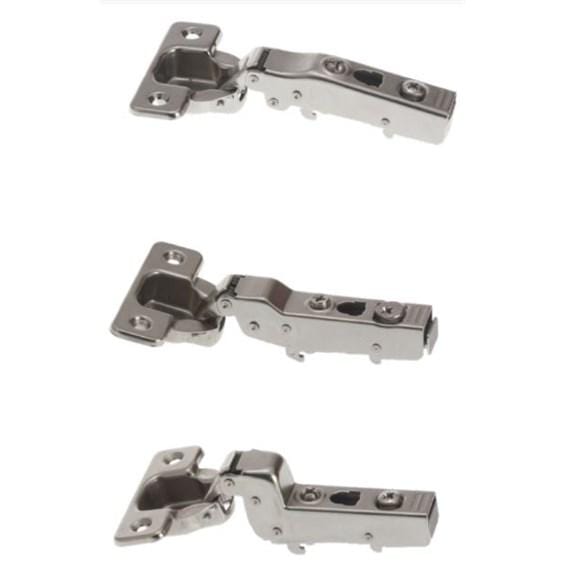 Forte concealed clip-on soft closing cabinet hinges with 110° opening, nickel finish, sold individually for various overlays.