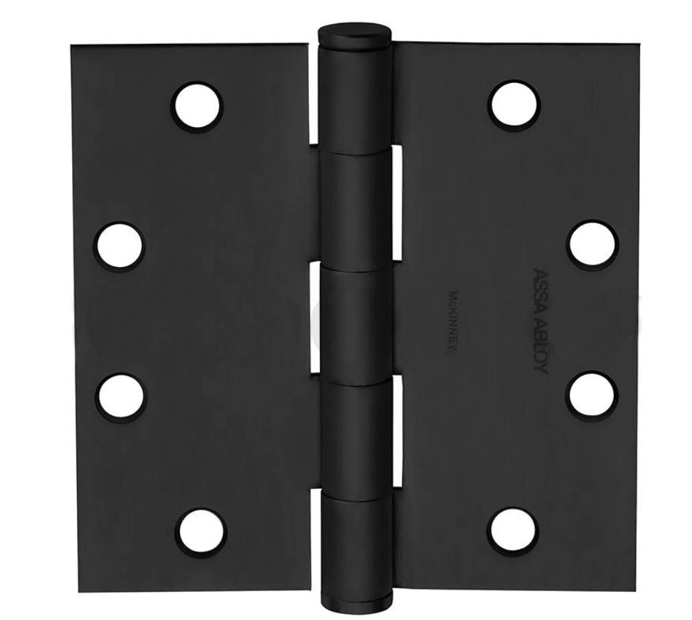 Full mortise hinge in black finish, standard weight, 5 knuckle design, measuring 4.5 x 4 inches, sold individually.