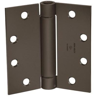 Adjustable full mortise single acting spring hinge, 4-1/2" x 4-1/2", square corners, available in multiple finishes.