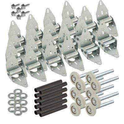 Quiet garage door hinge retrofit kits in various sizes, including hinges, screws, rollers, and washers for smooth operation.