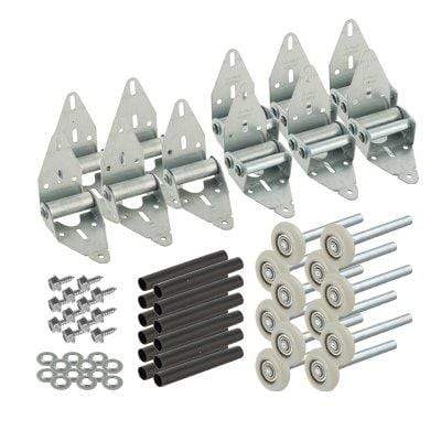 Quiet garage door hinge retrofit kits in various sizes, including hinges, screws, rollers, and washers.