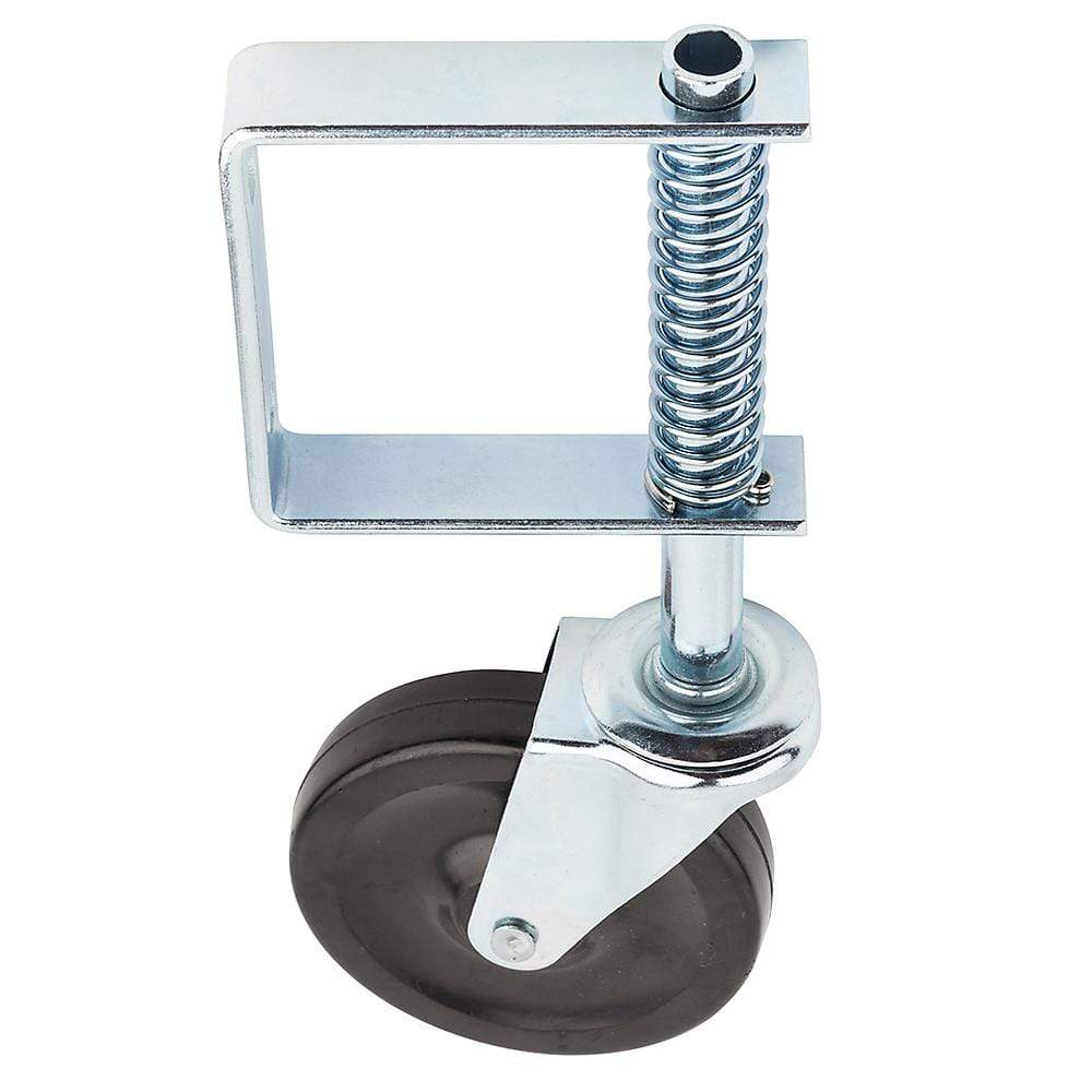 Spring-loaded gate caster with zinc plated finish, supports up to 125 lbs, sold individually for easy installation.