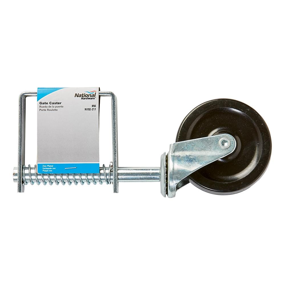 Spring-loaded gate caster with zinc plated finish, supports up to 125 lbs, sold individually for easy installation.