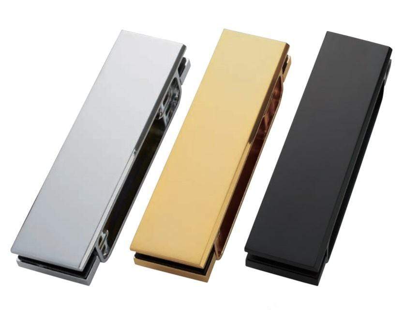 Glass door brackets for Sug-Hes3D-120 concealed hinges in multiple finishes, sold individually for versatile use.