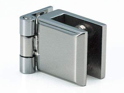 Polished stainless steel glass door hinge for cabinets, sold individually, ideal for modern cabinetry.
