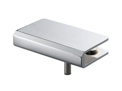 Chrome glass door hinge for cabinets, featuring a sleek design and sold individually for easy installation.