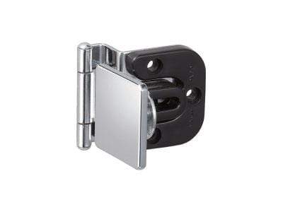 Half overlay glass door hinge for cabinets, chrome finish, includes catch, sold individually for secure installation.