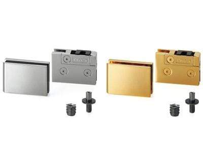 Glass door hinges for cabinets, designed for inset glass doors, available in multiple finishes and sold in pairs.