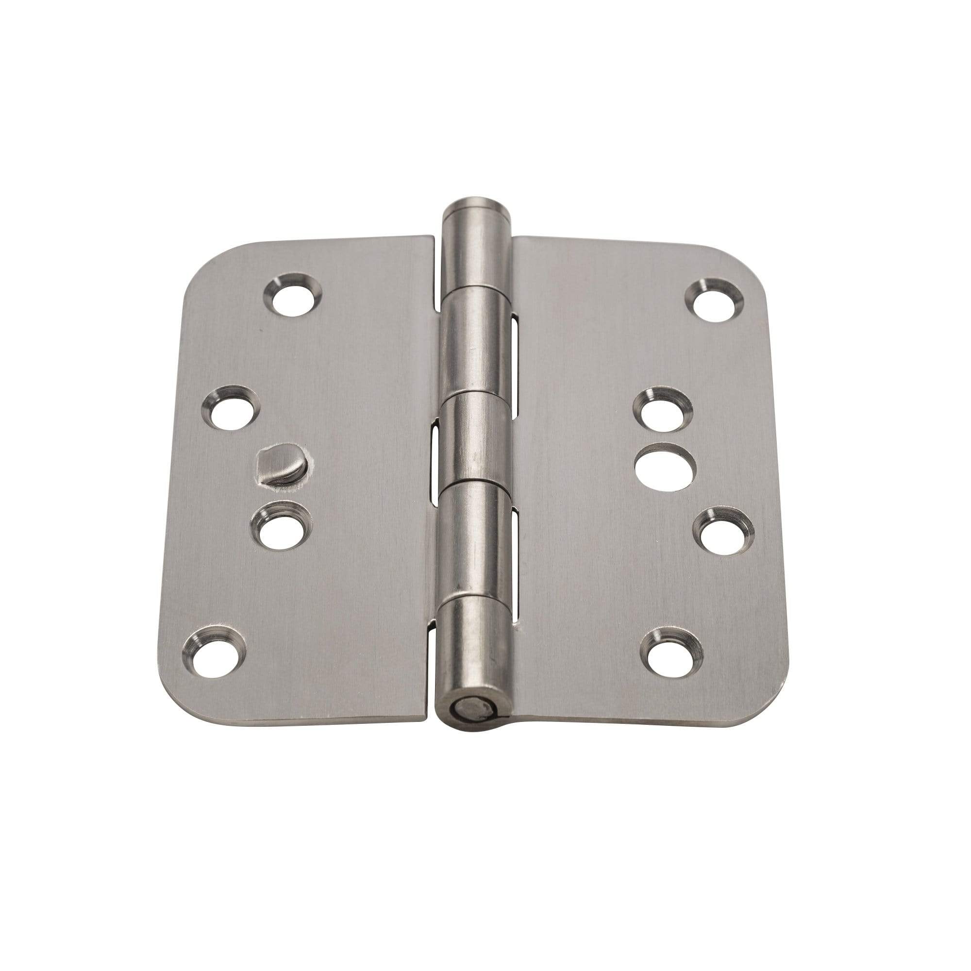 Stainless steel 4x4 plain bearing hinge with security tab and 5/8-inch radius corners, sold in pairs for durability.