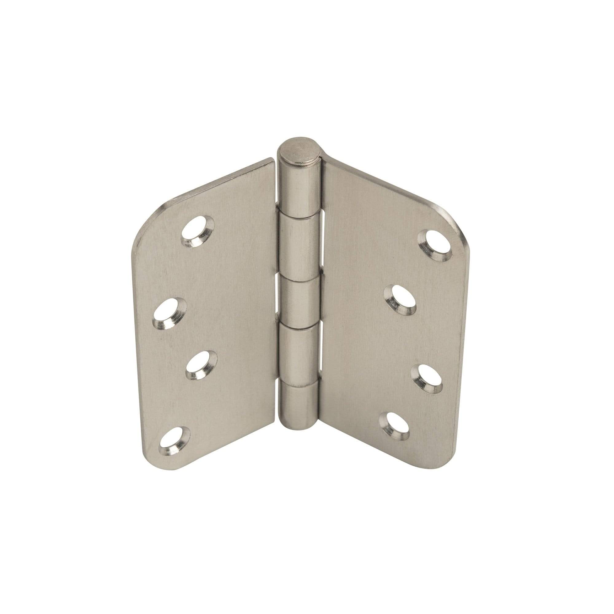 Stainless steel 4" x 4" plain bearing residential hinges with 5/8" radius corners, sold in pairs for durability.