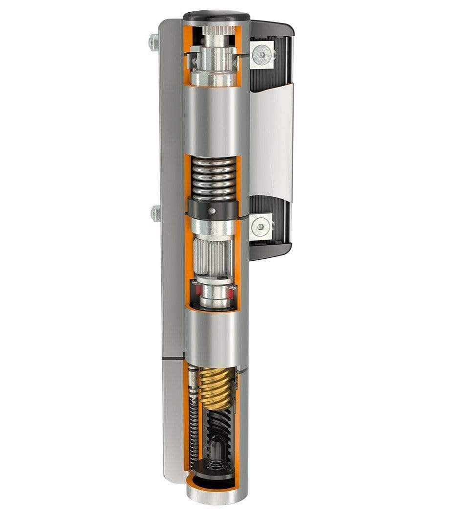 Locinox Mammoth commercial gate closer and lock kit, showcasing a detailed cutaway of its self-closing mechanism and hardware.