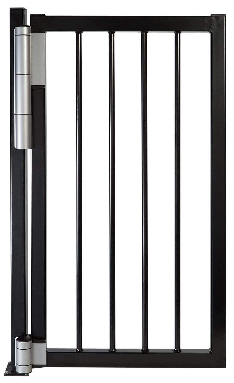 Locinox Mammoth commercial gate closer and lock kit featuring a sleek black gate with vertical bars and a robust hinge.