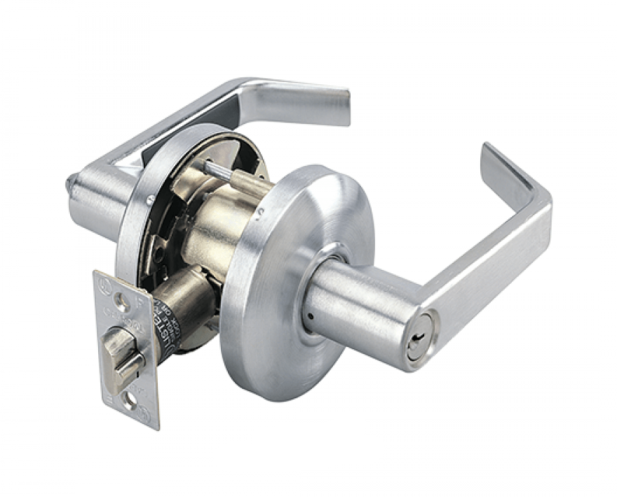 Heavy duty cylindrical entrance leverset and deadbolt with a sleek design, available in multiple finishes for security.