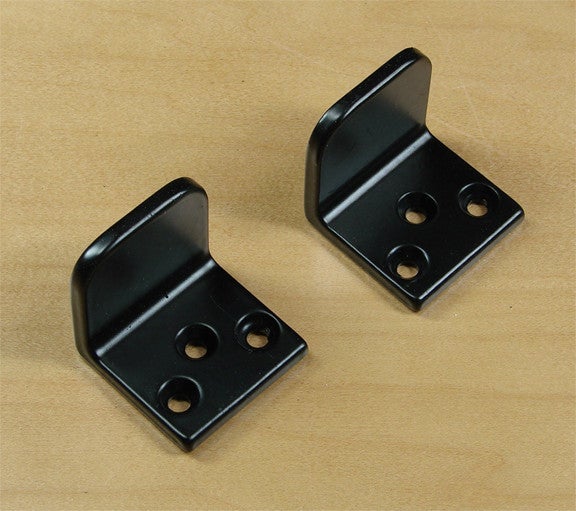 Heavy duty gate stops in black powder coat finish, measuring 1-1/2 inches, sold in pairs for durable gate support.