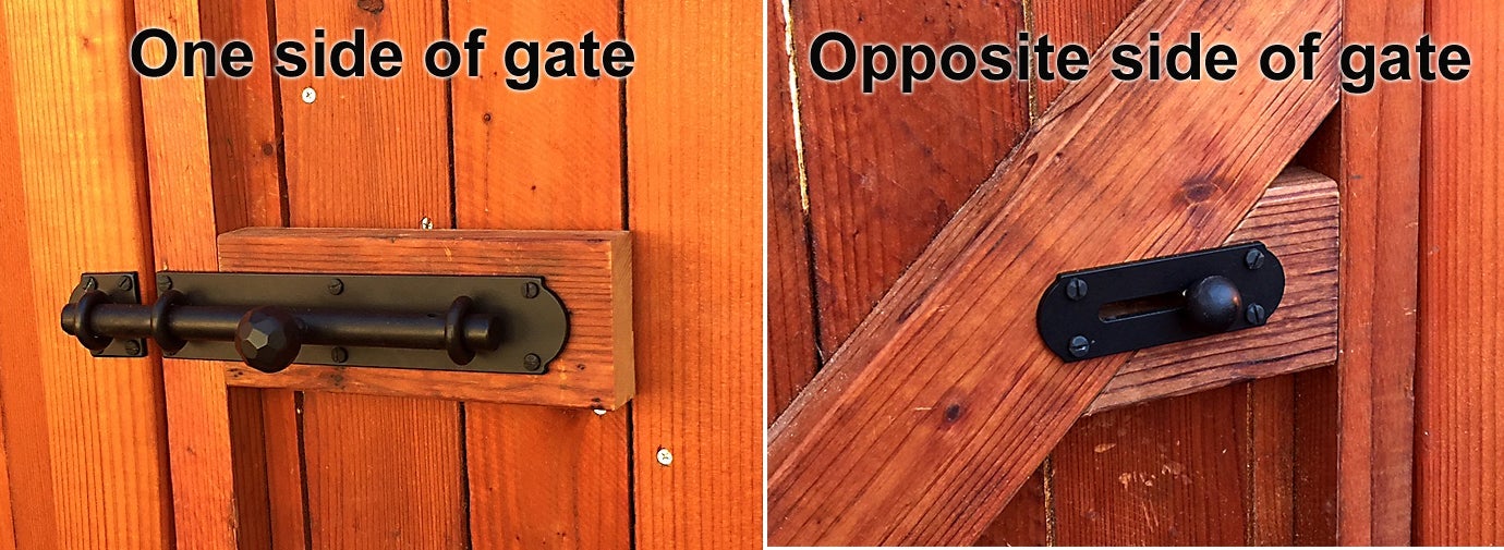 Heavy duty rustic slide bolt for gates and doors, dual side operation, black powder coat finish, sold as set.