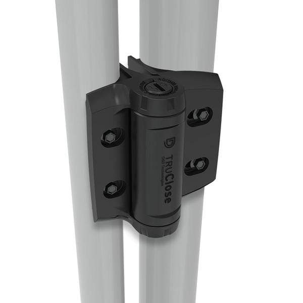 Heavy duty adjustable gate spring hinge for round post gates, self-closing, supports up to 154 lbs, black finish.