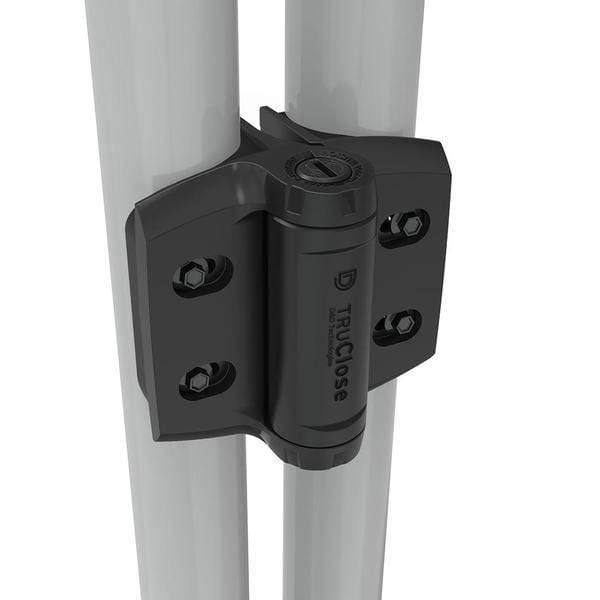 Heavy duty adjustable gate spring hinge for round post gates, self-closing, supports up to 154 lbs, black finish.