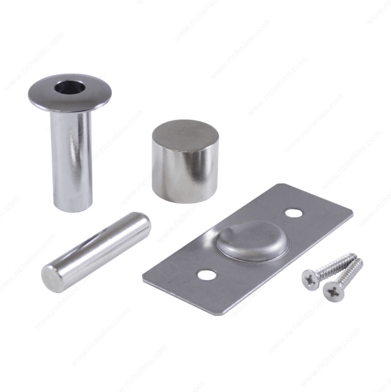 Hidden magnetic door stop set with various finishes, includes magnetic components and screws for easy installation.