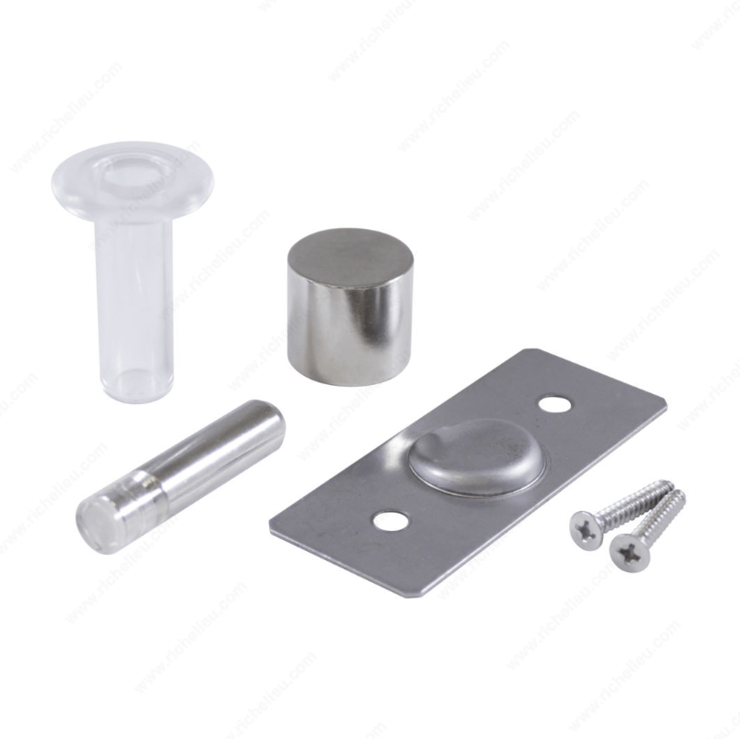 Hidden magnetic door stop set with various finishes, includes magnet, stopper, and screws for easy installation.
