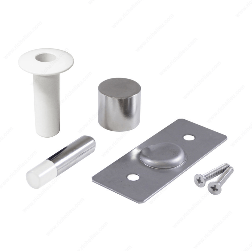 Hidden magnetic door stop set with various finishes, includes components for easy installation and use.