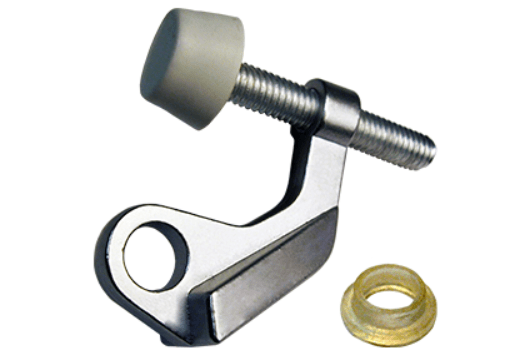 Adjustable door protector hinge pin stop with removable nylon bushing, compatible with 3.5 and 4-inch hinges.