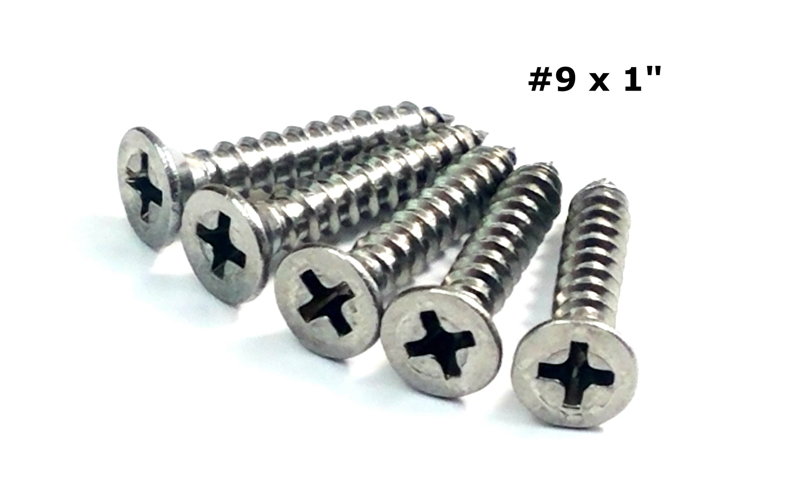 Satin nickel door hinge wood screws, #9 size, 1 inch long, ideal for secure hinge installation.