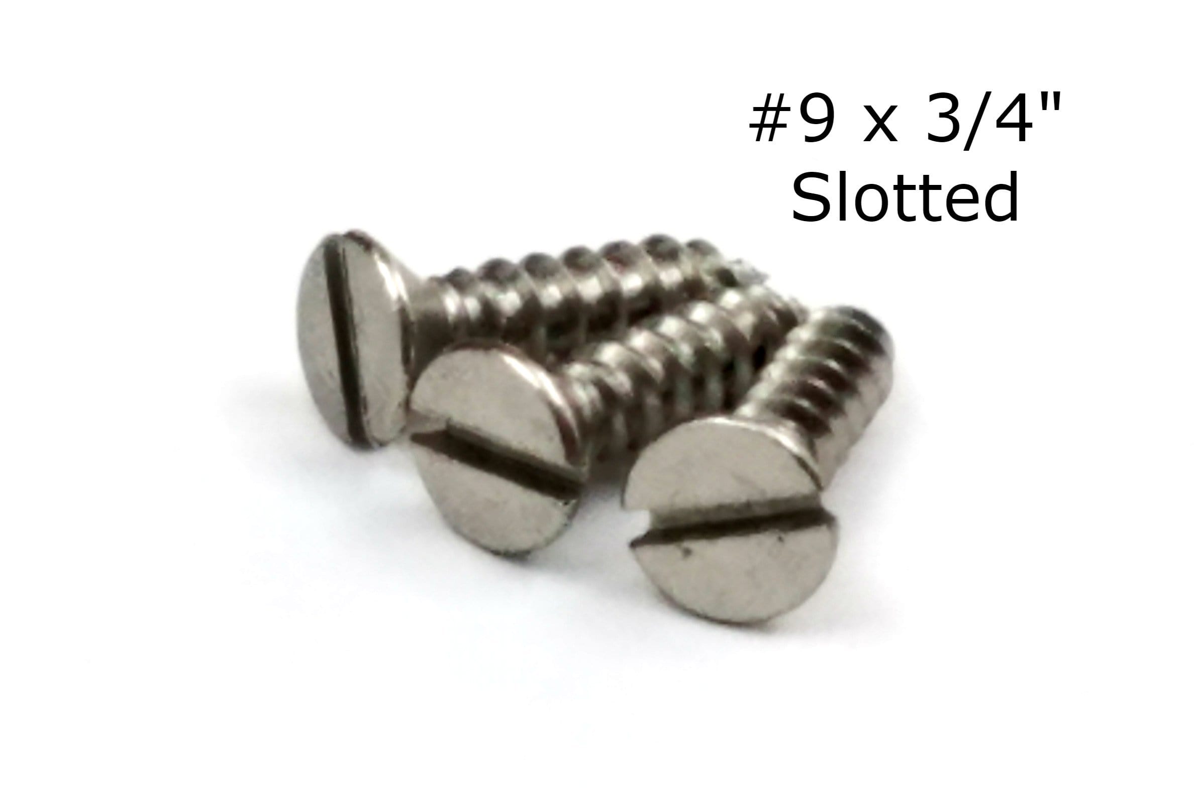 Satin nickel slotted hinge screws for doors, flat head, size #9 x 3/4 inch, ideal for secure installations.