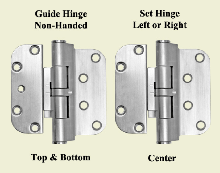 Hoppe adjustable guide hinges in satin nickel finish, 4" wide x 3 5/8" tall, featuring a non-removable pin for security.