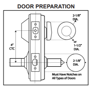 Interconnected entrance lockset and deadbolt diagram showing door preparation and specifications for installation.
