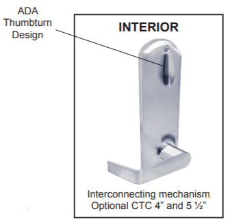 Interconnected entrance lockset with ADA thumbturn design and interconnecting mechanism for enhanced security.