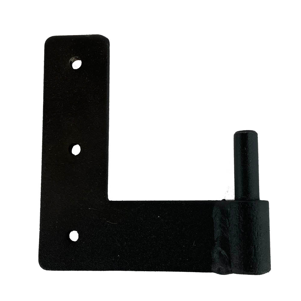 Black powder-coated jamb pintle for shutter hinges, featuring a 2-inch offset, sold individually and unhanded.