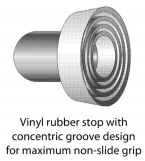 Kick down door stopper with vinyl rubber grip and concentric grooves for secure hold, available in multiple finishes.