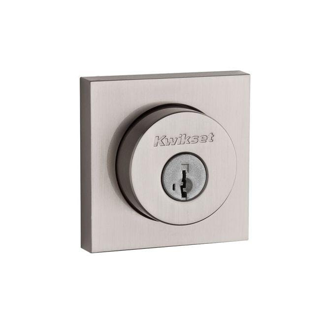 Kwikset single cylinder deadbolt with SmartKey security in satin nickel finish and Halifax square design.