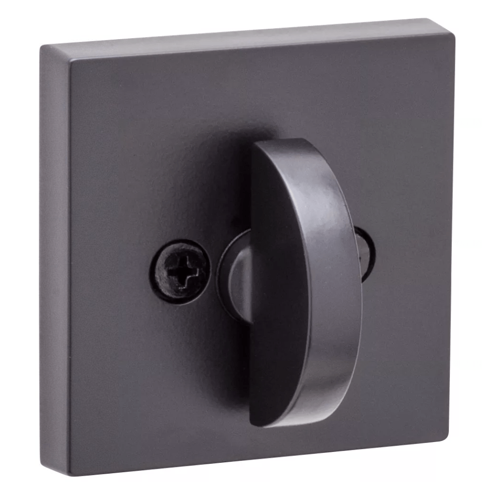 Kwikset single cylinder deadbolt with SmartKey security in Halifax square design and iron black finish.
