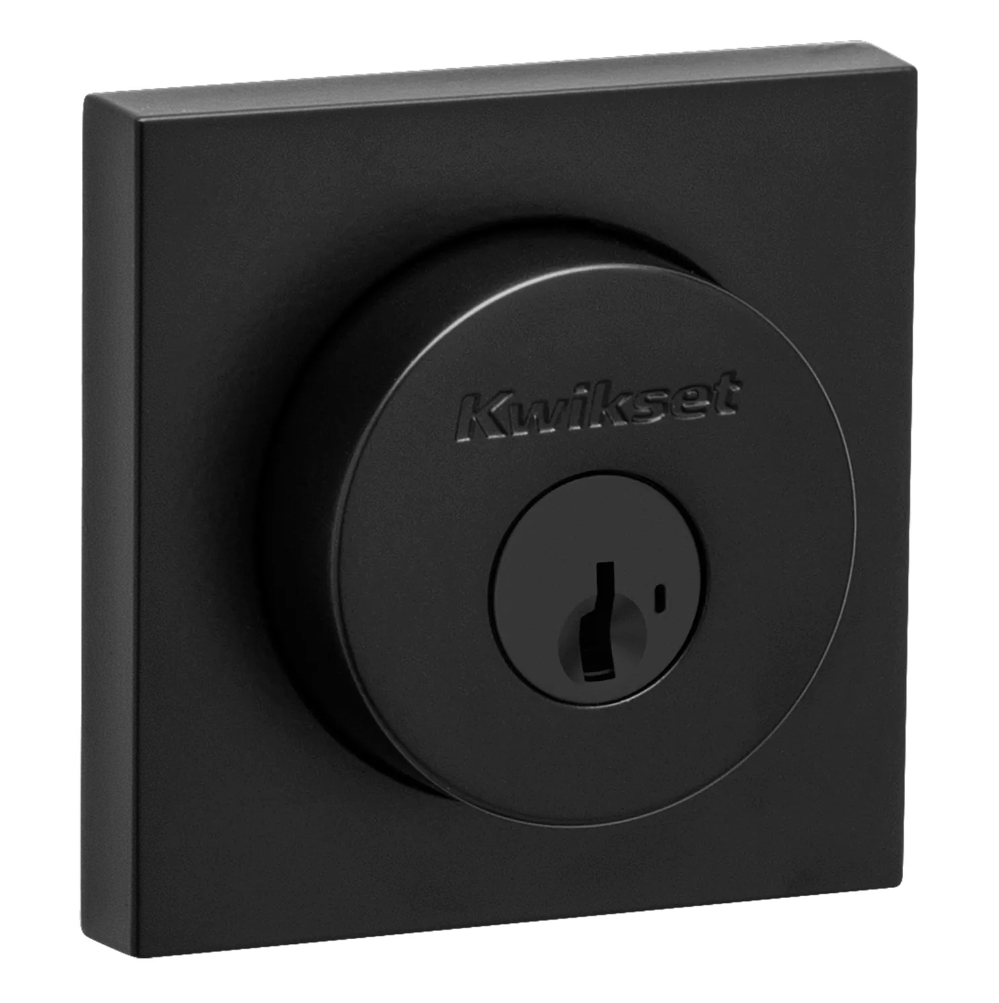 Kwikset single cylinder deadbolt with SmartKey security in Halifax square design and iron black finish.
