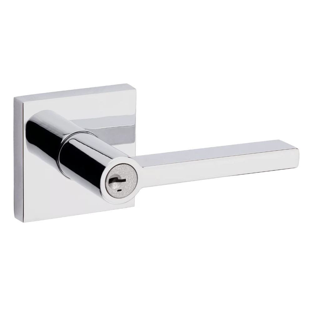 Kwikset Halifax square entry door lever lock in bright polished chrome with SmartKey security, sold individually.