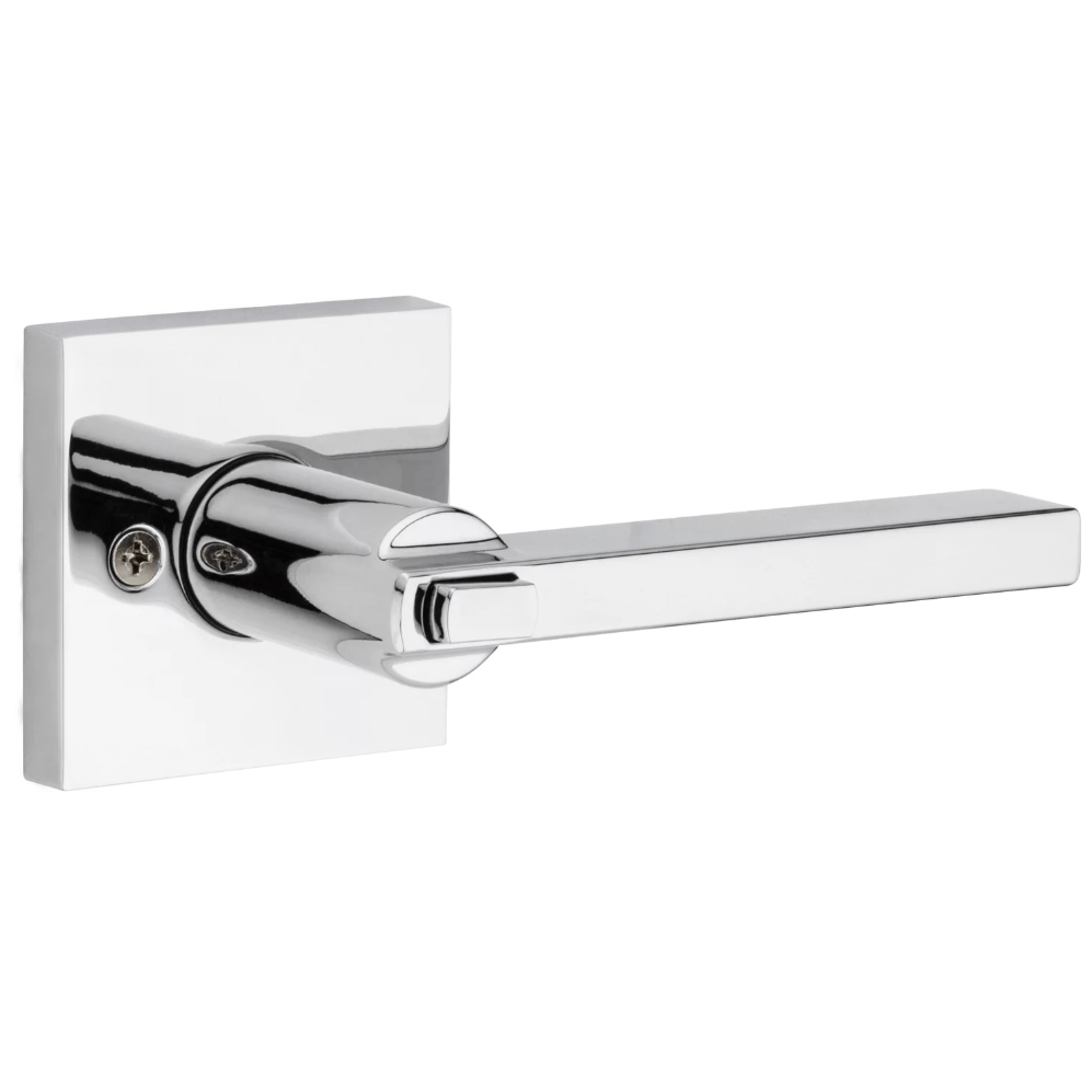 Kwikset Halifax square entry door lever with SmartKey security in bright polished chrome finish, sold individually.