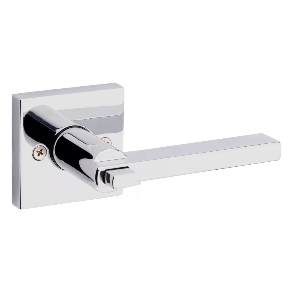 Kwikset Halifax square entry door lever lock with SmartKey security in bright polished chrome finish, sold individually.
