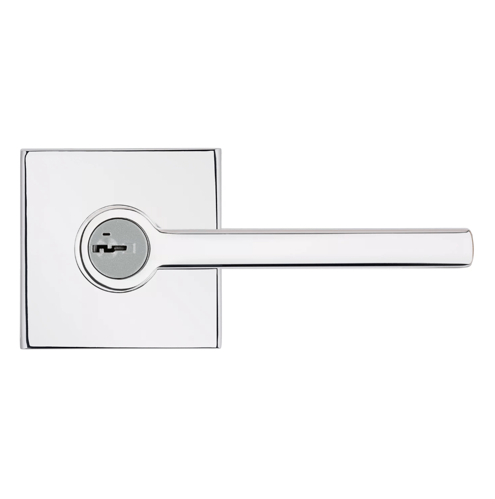 Kwikset Halifax square door lever entry lock in bright polished chrome with SmartKey security, sold individually.