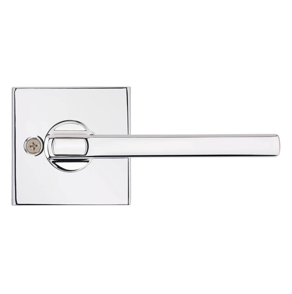 Kwikset Halifax square design entry door lever with SmartKey security in bright polished chrome finish. Sold individually.