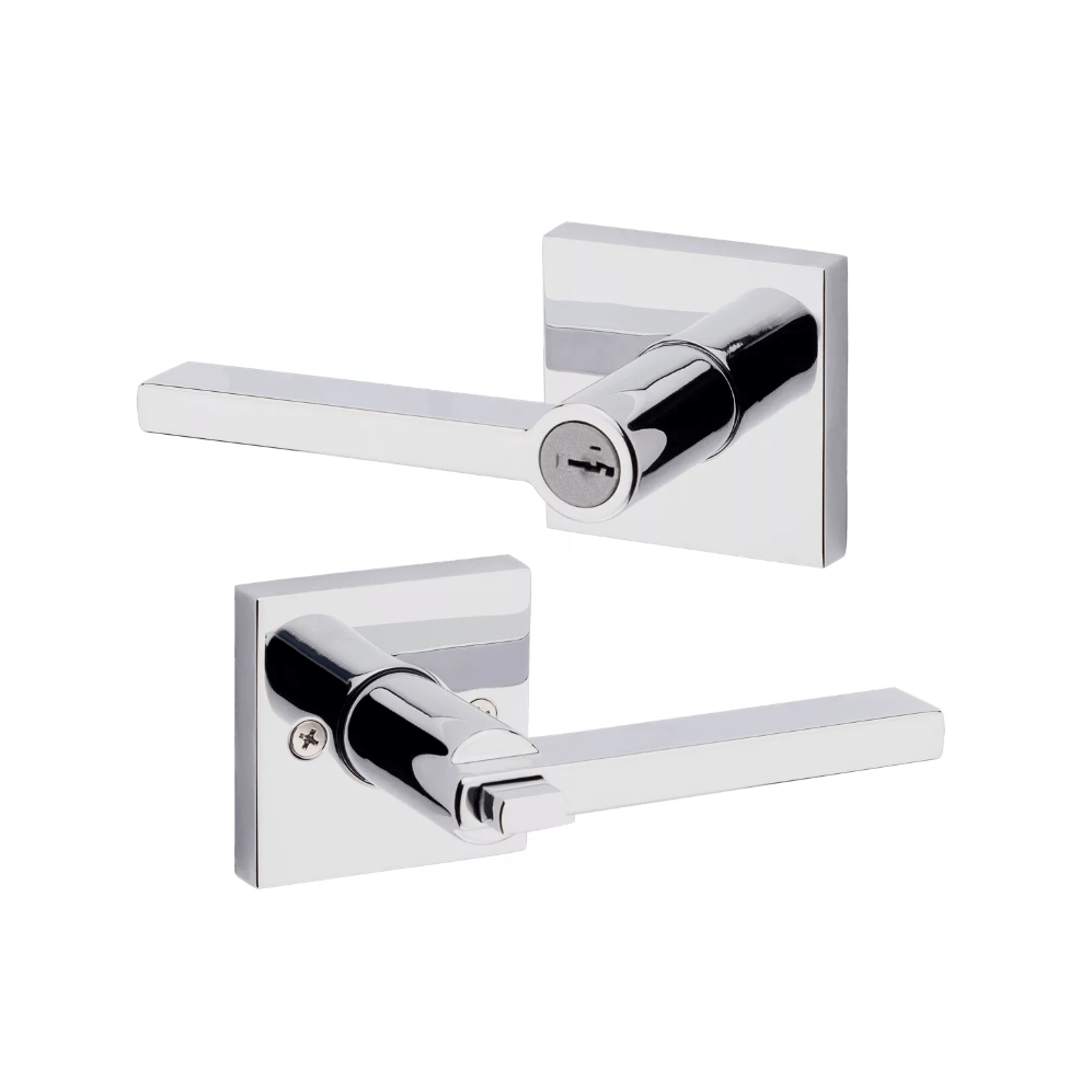 Kwikset Halifax square design entry door lever with SmartKey security in bright polished chrome finish. Sold individually.