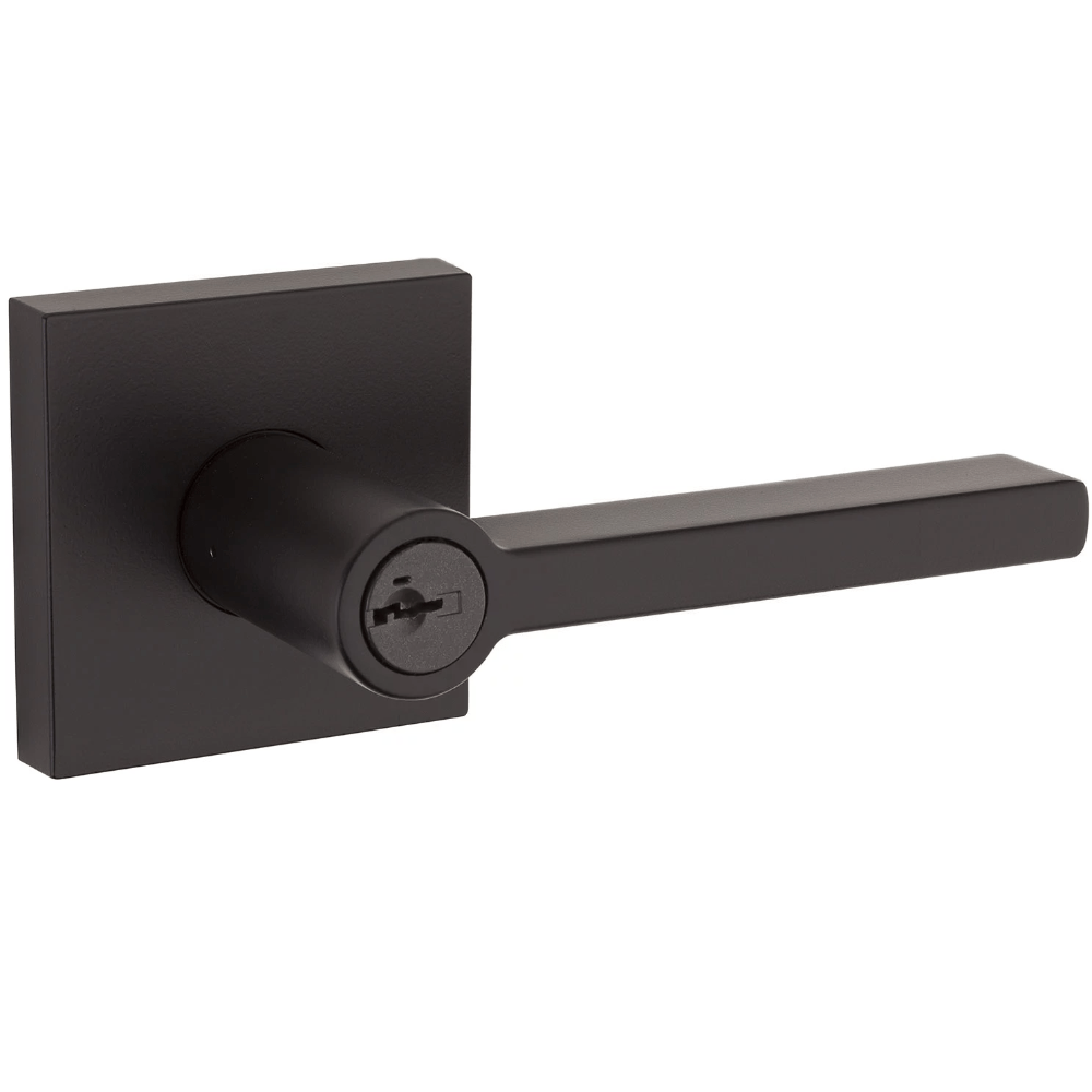 Kwikset Halifax square design entry door lever lock in iron black finish with SmartKey security, sold individually.