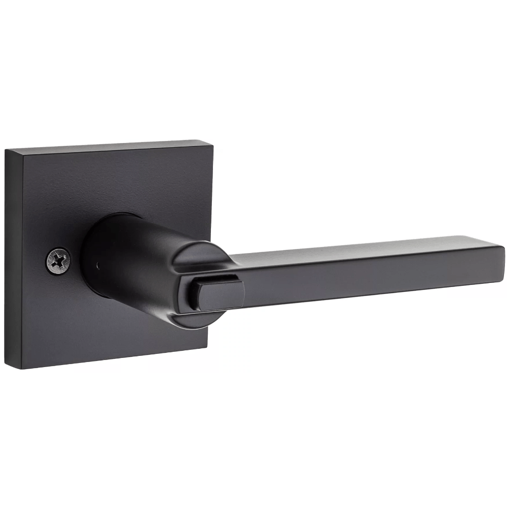 Kwikset Halifax square design entry door lever in iron black finish with SmartKey security feature. Sold individually.